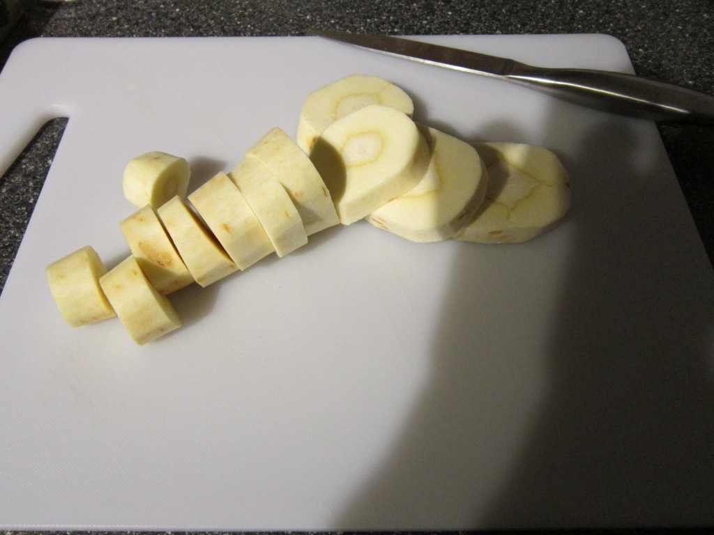 Parsnip chopped for tossing in batter